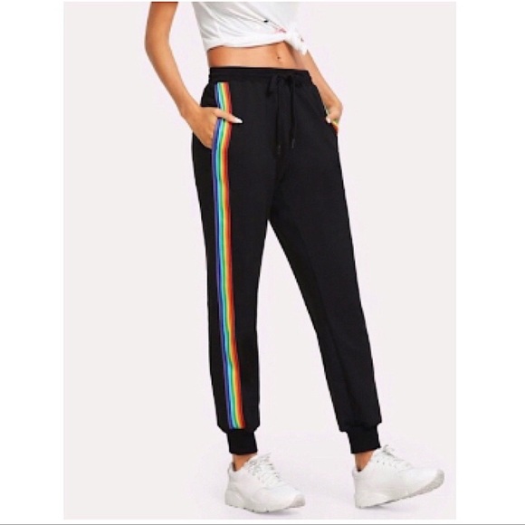 Rainbow Striped Black Joggers - Picture 1 of 8